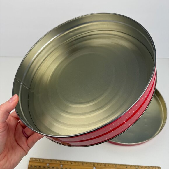 Vtg Round Metal Tin Teddy Bear Happy Holidays Red w Polka Dots 10in Diameter - Picture 5 of 13